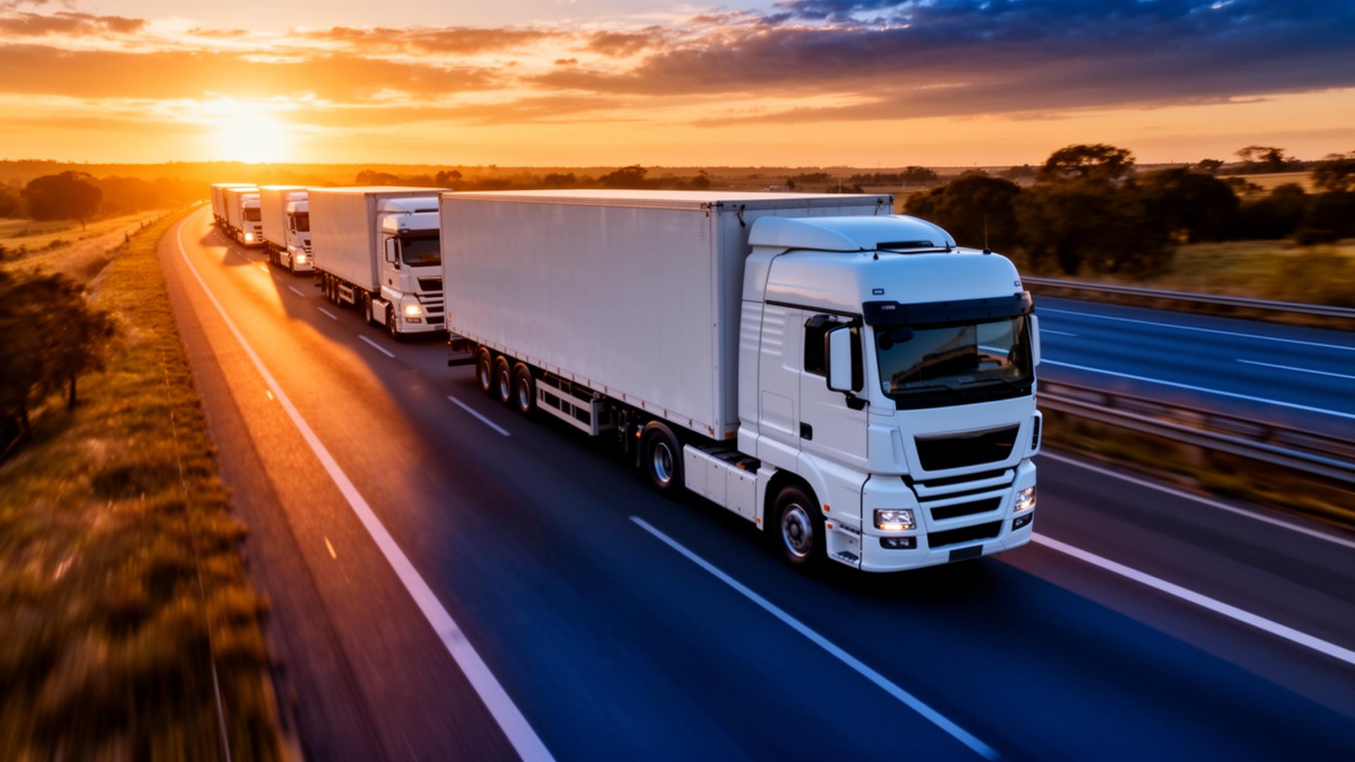 Fleet of trucks on highway at sunset